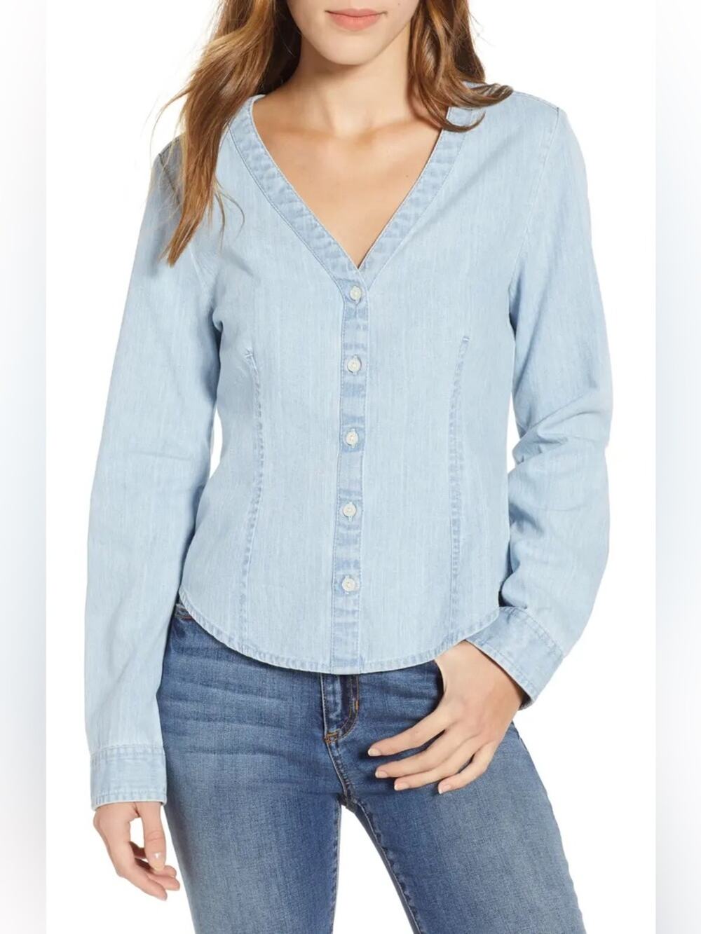 BP V-neck Chambray Button Down Long Sleeve Shirt Size Small